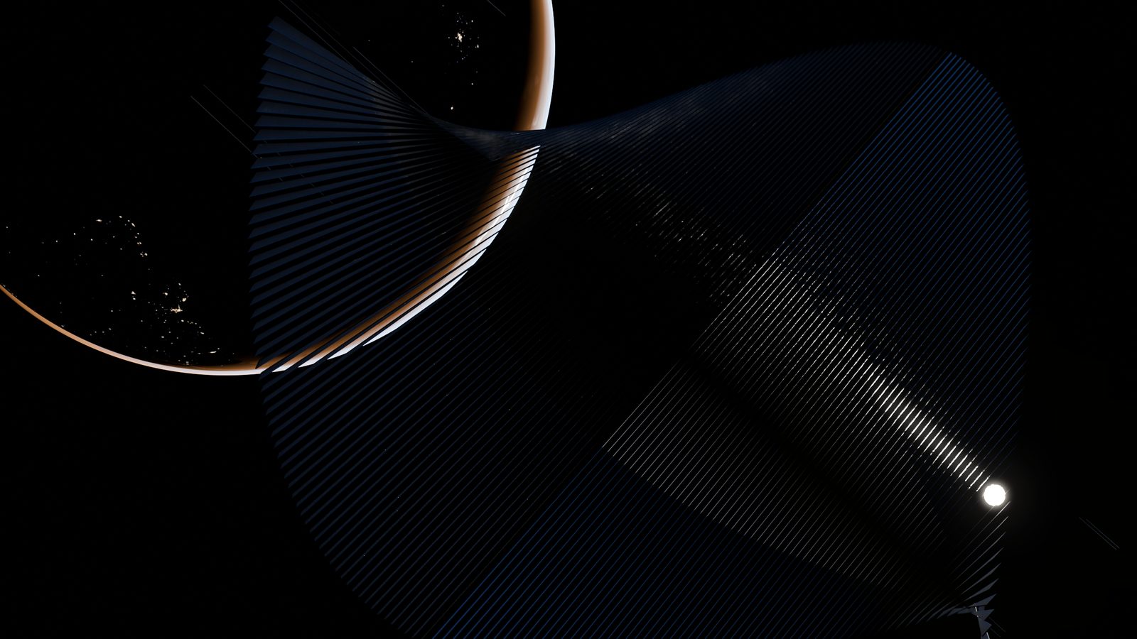 A close view of a rendered solar power satellite in geostationary orbit: thin, layered panels curve across the picture, lit from behind by a small bright sun at lower right, with the edge of the Earth's night side and its city lights at upper left