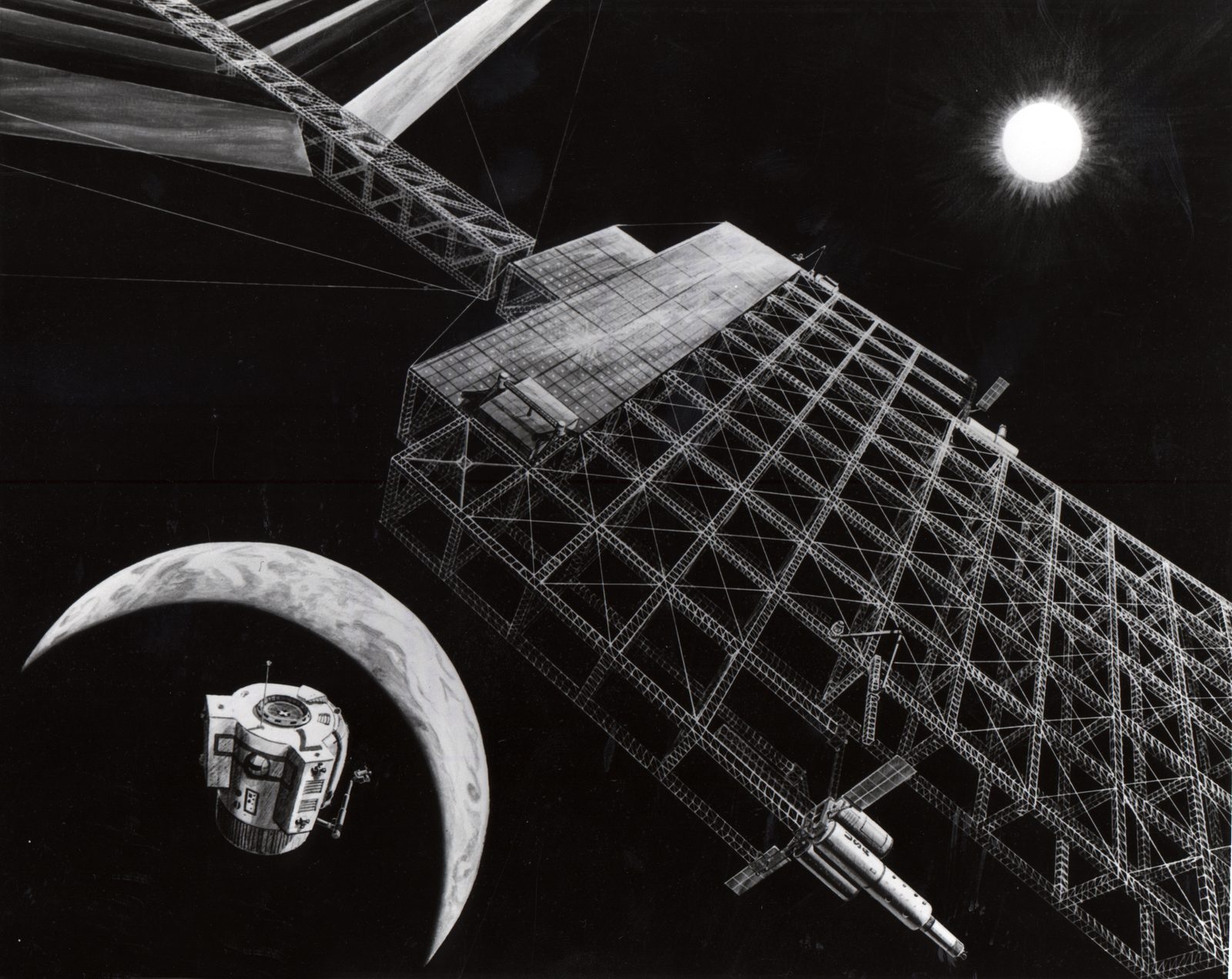 A black and white painting from 1976 of a solar power satellite: a huge lattice frame carrying flat panels in orbit, with a crescent Earth, the Sun and two small spacecraft beside it